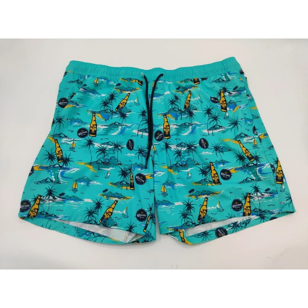 Corona Extra Mens‎ Swim Trunks Turquoise Tropical Beer Print Board Shorts 2XL